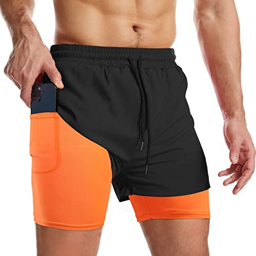 Danfiki Pantaloncini Sportivi da Uomo Running Shorts Asciugatura Rapida con Tasca per Jogging Tennis Fitness Allenamento 2 in 1,Nero Giallo,XXL