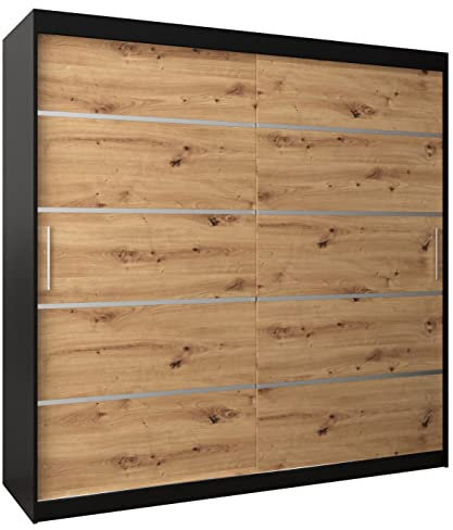MEBLE KRYSPOL Schwebetürenschrank Verona 1 200 cm Kleiderschrank mit Kleiderstange und Einlegeboden Schlafzimmer- Wohnzimmerschrank Schiebetüren Modern Design (Schubladen: 0, Schwarz + Artisan Eiche)