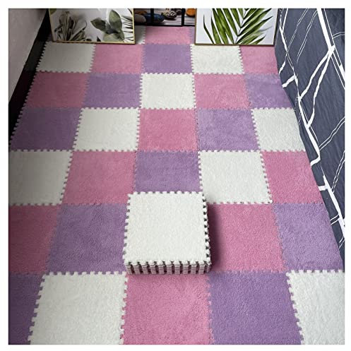 16Pcs Interlocking Foam Mats,Fluffy Carpet Tiles,Plush Area Rug,Square Splicing Floor Tiles,Soft Playmat Puzzle Floor Mat for Play Room,Pink+purple+White