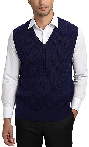 Kallspin Men’s Sweater Vest Wool Blend Cable Knit Sleeveless Jumper Casual Pullover Knitwear(Navy Blue, M)