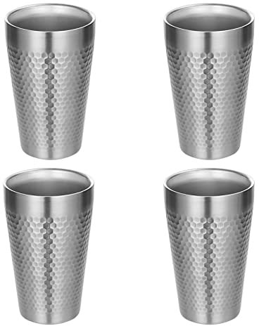 UPTALY Lot de 4 tasses en acier inoxydable (450 ml, argentées), motif marteau de diamant, tasses à thé glacé légères, tasse à bière à double paroi, gobelet à café réutilisable en métal