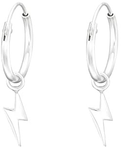 I love silver jewellery Sterling Silver Lightning Bolt Hoop Earrings - 12mm Sleeper Hoops for Women & Girls, Minimalist Dangle Earrings, Thunderbolt Charm