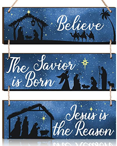 Weihnachtskrippenschild Weihnachten Religiöse Dekoration Weihnachten Jesus Wandbehang Schild Jesus ist der Grund für die Jahreszeit Weihnachten Holz hängende Ornamente für Party Urlaub Wand Fenster