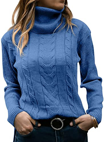 GeGekoko - Maglione da donna dolcevita, elegante, a maniche lunghe, in maglia spessa, casual, morbido, blu, XL