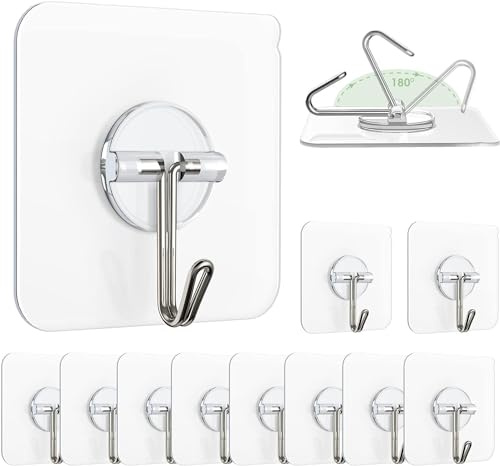 Zulaxy Hanging Hooks Without Drilling, 10 Pack Self Adhesive Hooks for Wall Heavy Duty Strong Nail Free, Kitchen Accessories Items (Hanging Hook, Transparent) Stainless Steel