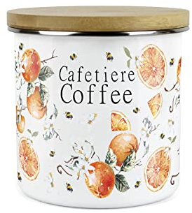 Painted Tangerines Cafetiere Coffee Canister - White Metal Enamel Kitchen Food Storage Container
