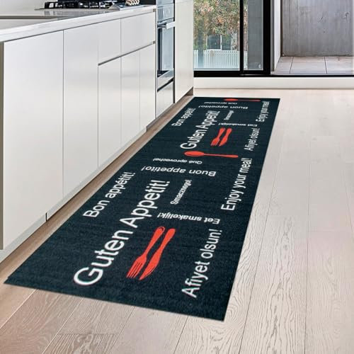 Teppich-Traum Guten Appetit Küchenläufer in schwarz mit Gelrücken und weiß & rotem Schriftzug, 67 x 180 cm