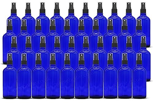 Intelligent Healthcare PACK of 40-100ml BLUE Glass Spray Bottles with BLACK Atomiser Mist Sprays - Cobalt Blue Spray Bottles Refillable, for Liquid/Cosmetics/Essential Oil/Aromatherapy/Perfumes