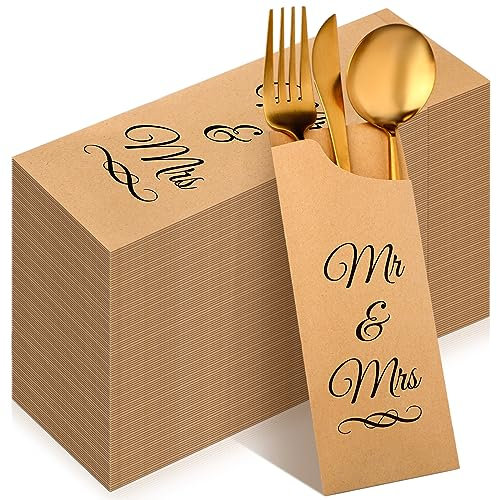Cholemy 200 Stück Kraftpapier Bestecktaschen Mr and Mrs Utensils Sleeves 7.87 x 2.95'' Silverware Sleeves Utensil Bag Silverware Holder Pockets Wedding Cutlery Flatware Bags for Engagement Dinner