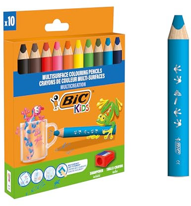 BIC Crayons de Couleur Multi-Surfaces & Usages (Ardoise, Tableau, Verre, Plastique, Bois.) - Etui carton de 10 Crayons Larges pour Enfants, Mine XXL, Couleurs Assorties, Taille-Crayon Inclus