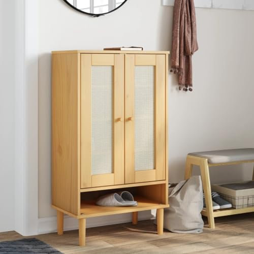 CIADAZ Schuhschrank SENJA Rattan-Optik Braun 59,5x35x107cm Kiefernholz, Schuhbank, Shoe Rack, Schuhe Schrank, Schuhkommode, Schuhregal - 358049