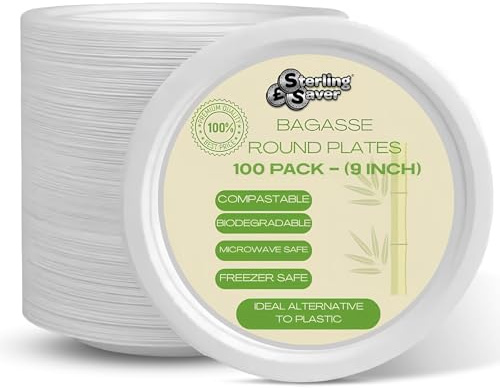 Sterling Saver 9 Inch White Bagasse Paper Plates 100 Pack | biodegradable and compostable material, hot and cold food suitable, clean white finish, convenient event supply