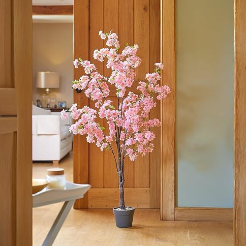 Garden Mile® Albero di ciliegio artificiale da 1,4 m, grande albero da giardino con vaso rosa realistico, decorazione per feste di nozze, per interni ed esterni, albero finto con fiori rosa