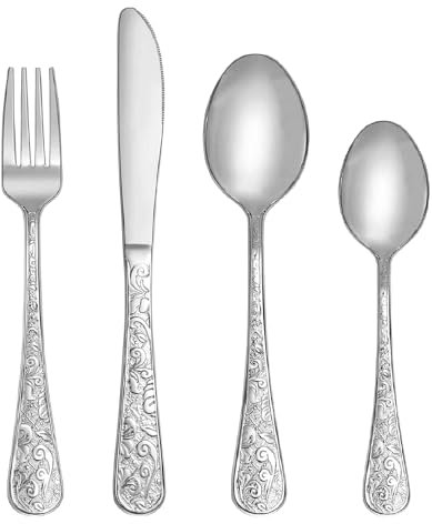 SHEUMNT Juego de cubiertos plata para 6 personas, estilo retro tallado y moderno en relieve. Juego de cubiertos de acero inoxidable de 24 piezas. Incluye cuchillos, tenedores y cucharas
