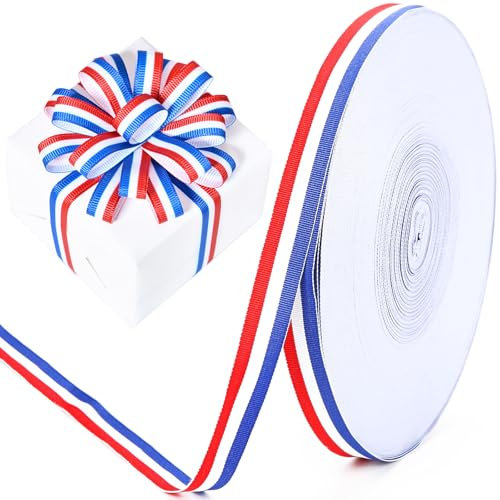 Yueser Satinband Blau Weiß Rot, 1cm*50m Seidenband Geschenkband Ribbon Dekoband Schleifenband Satinband Weiss Red Band Geschenkband Blau für Hochzeit Dekoration Geschenk Verpacken Basteln France