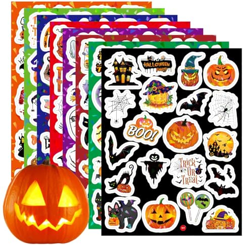 Jsdoin Halloween Stickers for Children, Vinyl Waterproof Kids Party Bag Fillers, Laser Flash Self Adhesive Stickers Trick or Treat for Halloween Party(8 Sheets)