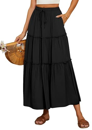 Timuspo Maxirock Damen Lang Elegant Boho Rock Casual Midirock A-Linie Einfarbig Sommerrock Röcke mit Taschen Elastische Hohe Taille Strandrock Freizeitrock
