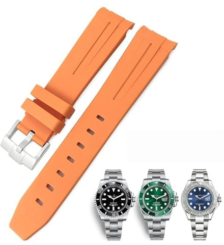KDEGK 20mm 21mm 22mm gebogenes Ende Gummi-Silikon-Armband für Rolex Submariner Daytona wasserdichtes Uhrenarmband(Orange Orange line,22mm)