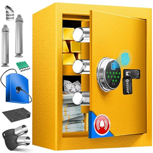 KESSER® Elektr. Tresor mit Fingerabdruck & Schlüssel XL | Inkl. Notfallakku | Elektronischer Safe | 3x Doppelbolzenverriegelung | Boden Wandtresor | Möbeltresor | Panzerschrank Zahlenschloss Gelb