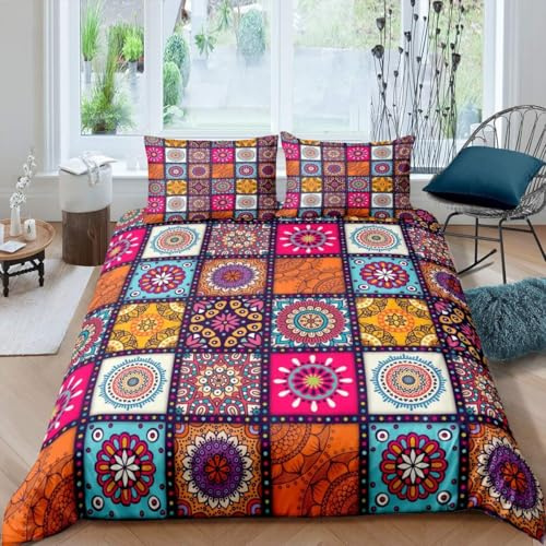 Homemissing Boho Mandala Bettbezug für Mädchen, Boho-Stil, Bettwäsche 240 x 260 cm, buntes Gitter, Plaid, Dekoration, Bettbezug, Hippie Mandala, 3-teilig