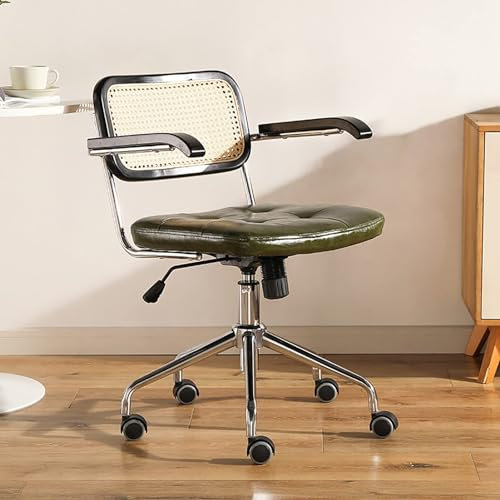 SZSXYBZ Rattan Computer Chair,Retro Swivel Office Chair Ergonomic Upholstered Armchair with PU Silent Wheels,Mid Back Desk Chair for Home Work Living Room(56x56x54cm(22x22x21inch), Green)