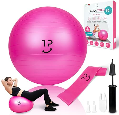 Tre Puri® Yoga Pilates Ball – 55 cm Ball mit Yoga-Zubehör italienische Marke – nützlich für Fitness zu Hause und Bauchmuskeln – inklusive Gummiband und E-Book (Tipps für Sie)