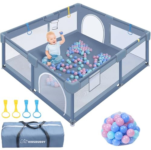 Kidsgigglz Laufstall Baby, Baby laufgitter 130x130x66cm mit Bällen, 300D Oxford Gewebe Schutzgitter Kinder Playpen Kinderzaun mit Tragetasche, Stabile Kinder Gitter Laufstall-Atmungsaktivem Netz, Grau