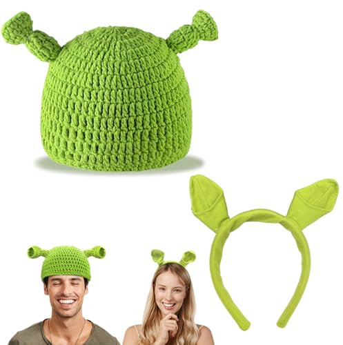 BJPERFMS Shrek Kostüm, Shrek Mütze und Ohren Haarreif, Shrek Kostüme Set, Handgestrickte Mütze, Shrek Cosplay Outfits, Kostüm für Erwachsen Fasching Karneval Cosplay Party