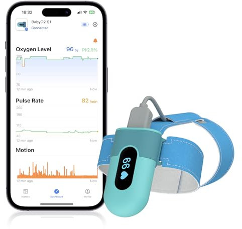 Babytone BabyO2 Pulse Oximeter, Wearable Baby Oxygen Foot Monitor with Bluetooth, Tracking Oxygen Level, Heart Rate and and Movement for 0-36 Months Infant's Sleep