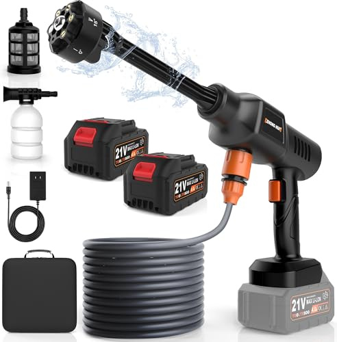 Absead Akku Hochdruckreiniger 21V 2000PSI 4.5L/min | 6-in-1 Sprühdüse, 2x4000mAh Batterien, Tragbar mit Schaumdüse, Filter und Aufbewahrungstasche, Für Auto Garten Fenster