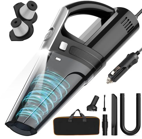 DRECELL Aspirateur de voiture portable avec aspiration puissante de 7 000 PA, alimentation DC 12 V, aspirateur filaire avec cordon de 5 m, lumière LED, accessoires de voiture pour homme/femme