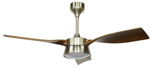 NARVI Ventilador de techo Cuero/Dorado, 3 Palas color Madera Roble, Motor DC, LED, Regulable y Memoria, con Mando. REF. 907