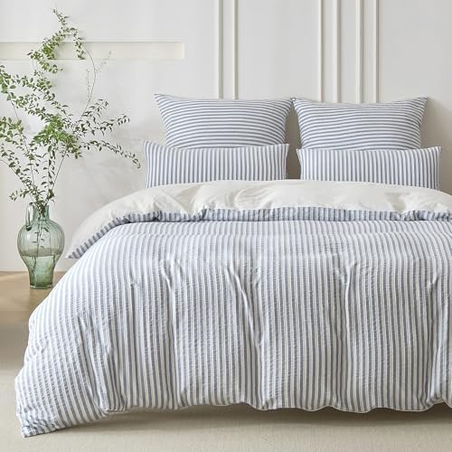 SOULFUL Bettwäsche 135x200 Baumwolle 4teilig Gestreift Jacquard Denimblau | Gewaschene Baumwolle Boho Bettwäsche-Sets mit Reißverschluss Atmungsaktiv Enthält 2 Bettbezug 135x200 und 2 Kissenbezug 80x80