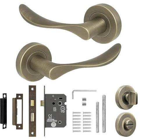 Decoranddecor Nimbus Antique Brass Door Handle Set – Aluminium Alloy Lever with Bathroom Lock & Thumb Turn for Internal Doors in Living Spaces & Offices