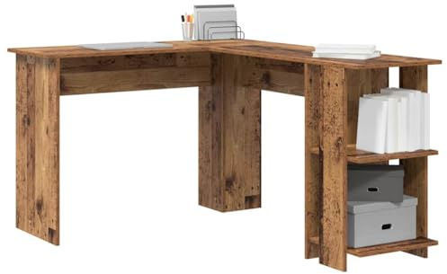 vidaXL Eck-Schreibtisch Altholz Holzwerkstoff 140 x 113,5 x 75 cm | Passt super in Ecken, Kommt mit zwei Regalen für all deine Sachen, Coole Vintage-Optik