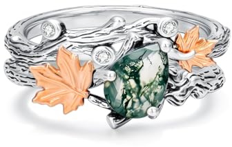 Flpruy Natural Moss Agate Ring for Women 925 Sterling Silver Green Agate Promise Ring with Vine Leaf Engagement Wedding Anniversary Jewelry Gift for Women