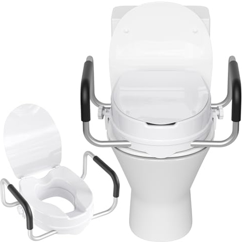 Raised Toilet Seat with Handles, Elevated Toilet Seat Riser Adds 4 Inches (10cm) Height, Tool-Free Installation, Secure Mounting Ideal for Seniors & Recovery, 300 lbs Weight Capacity