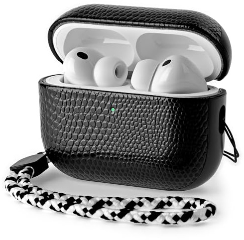 Rixeny Leder Hülle für Apple AirPods Pro 3 (2025) Schutzhülle, Schwarz | Lederhülle im Modestil mit Eidechsenprägung, mit Handschlaufe, Minimaldesign, Kompatibel mit MagSafe, Einfach tragbar