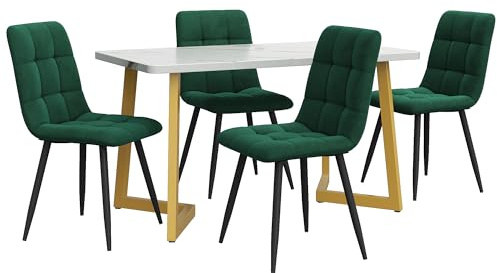 Cenbunsh Table à manger rectangulaire moderne de 117 cm avec 4 chaises - En velours - Vert foncé - Pieds dorés