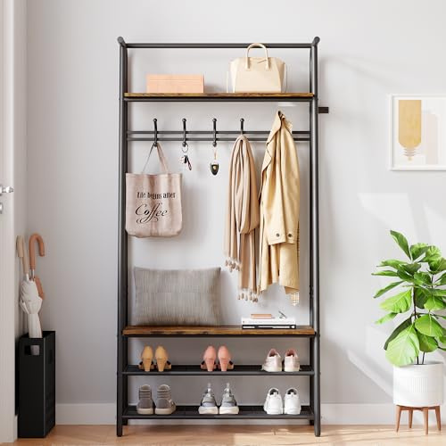 Aptliton Industrial Multi-Purpose Freestanding Shoe and Coat Rack with Storage Hooks & Shelves, Hall Tree for Bedroom, Cloakroom & Hallway, 80cm×31cm×181cm