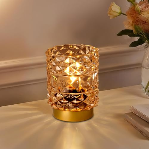 MJ PREMIER Battery Operated Lamp, Small Cordless Lamp with Timer, Amber | Crystal Glass Lampshade, Small Table Lamps for Area No Plug, Decorative Led Light for Bedroom Living Room Shelf