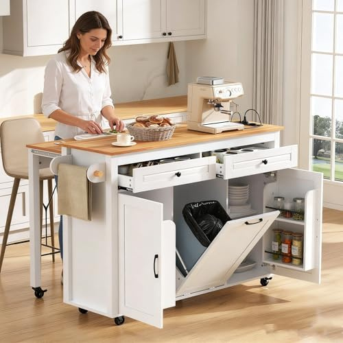 îLot Central Cuisine avec Coin Repas îLot Central Extensible Moderne îLot Central Cuisine Mobiles avec Prise éLectrique Et Port USB Portes, Tiroirs Emplacement pour Poubelle, 120×75×92 Cm, Blanc
