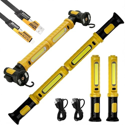 LED Motorhaubenleuchte Akku 2er Set, 3000LM Werkstattlampe Magnetisch | 2 in 1 Verbindbar, 5200mAh Arbeitsleuchte für KFZ Motorraum, USB C, Inkl. 4 in 1 Ladekabel (Gelb)