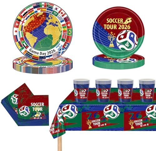 POPOYU 69 Pcs Football Party Tableware Set,World Cup Football Party-Themed Tableware,Football Party Plates,Table Cloth,Napkins,Cups,Soccer Birthday Decorations for Football Theme Birthday Decorations