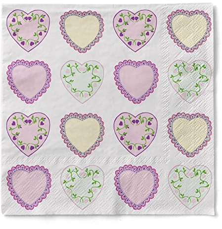 Sovie HOME Tissue Serviette SWEET LOVE in Rosa, 3-lagig, 33 x 33 cm, 1/4 Falz, 20 Stück, romantische Herzen mit Floraldesign, Ideal für Baby-Shower, Taufe, Verlobung, Hochzeit