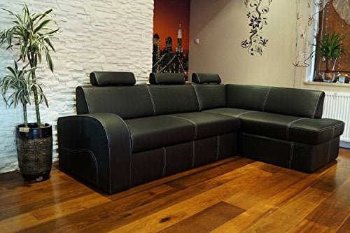 Quattro Meble Schwarz Echtleder Ecksofa Antalya II 3z 245 x 164cm Sofa Couch mit Schlaffunktion, Bettkasten und Kopfstützen Eck Couch Echt Leder Hermes Nero mit Ziernaht
