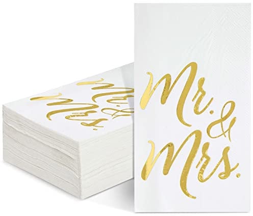 50 Pack Mr and Mrs Napkins, Disposable Wedding Dinner Napkins Serviettes for Reception, Rehearsal Dinner Party Decorations (Gold Foil, 3-Ply, 10 x 20 cm)