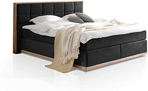 LEVANTOS Boxspringbett, Mix aus massiver Eiche und Velourgewebe, 200 x 200 cm, schwarz, Härtegrad 2