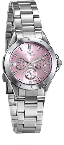 JewelryWe Damenuhr Elegant Analog Quarz Business Casual Armbanduhr Silber Ton Edelstahl Band Uhren mit Pink Zifferblatt