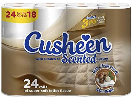 Cusheen by Splesh Toilet Roll Bulk Buy - Pack of 48 Rolls (2 x 24 packs) Quilted White 3 Ply Shea Butter Fragrance Toilet Rolls